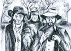 Pen sketch of Packer, Humphrey, and Bell, by Fay Potter